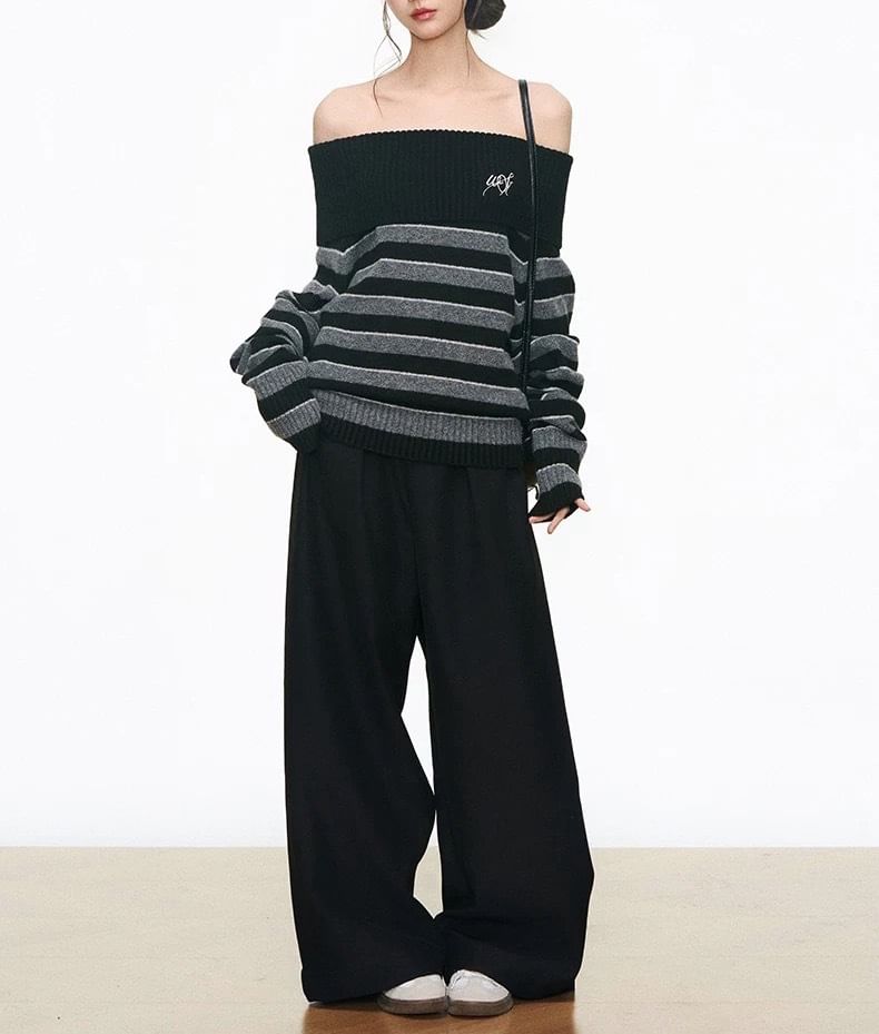 Off-Shoulder Striped Sweater / High Rise Plain Wide Leg Pants