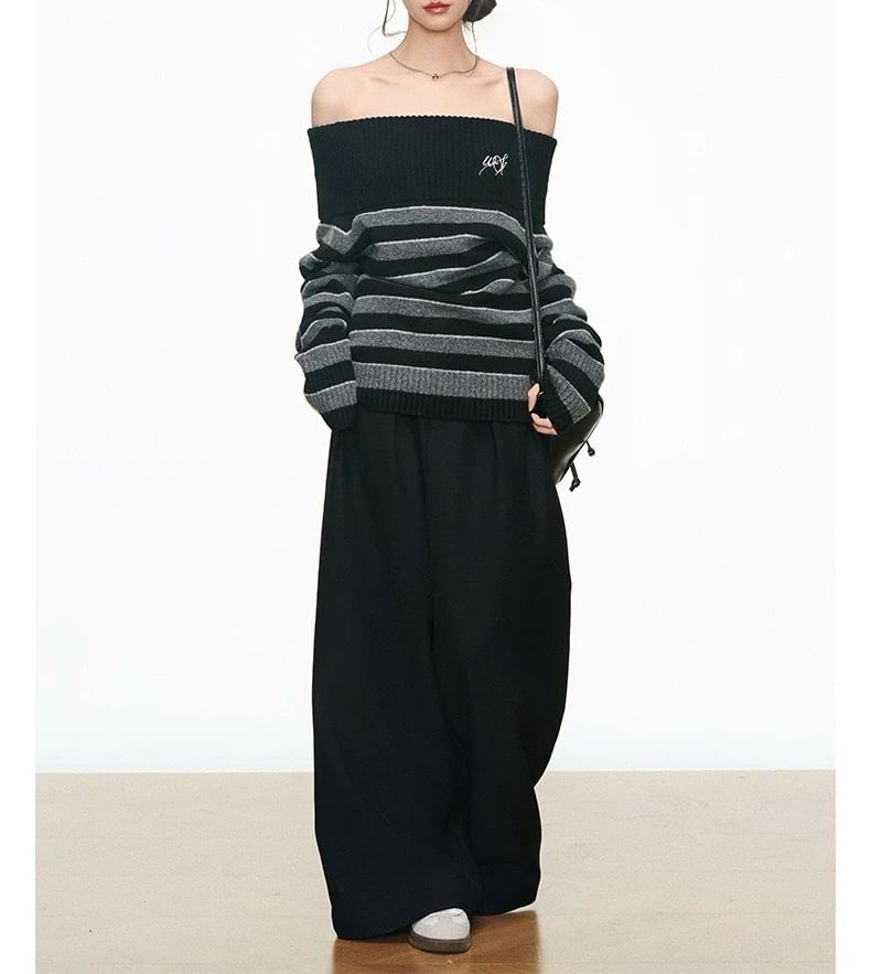 Off-Shoulder Striped Sweater / High Rise Plain Wide Leg Pants