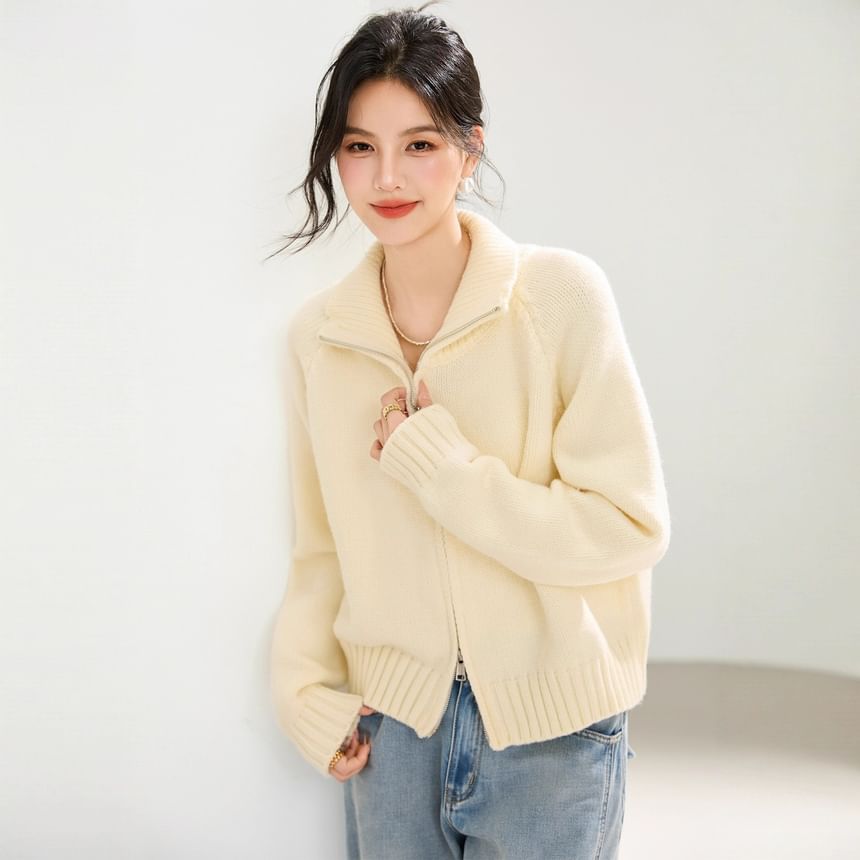 Stand Collar Zip-Up Plain Cardigan