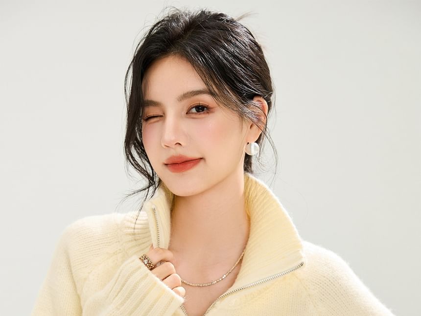 Stand Collar Zip-Up Plain Cardigan