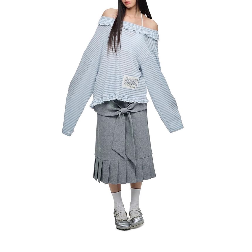 Long-Sleeve Off-Shoulder Striped Applique Ruffle Trim Tee