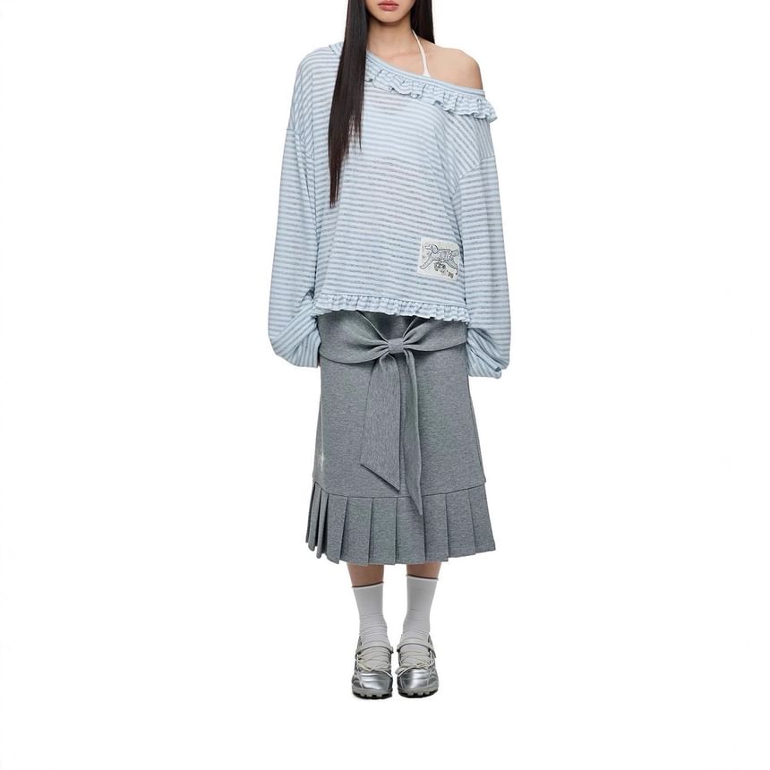 Long-Sleeve Off-Shoulder Striped Applique Ruffle Trim Tee