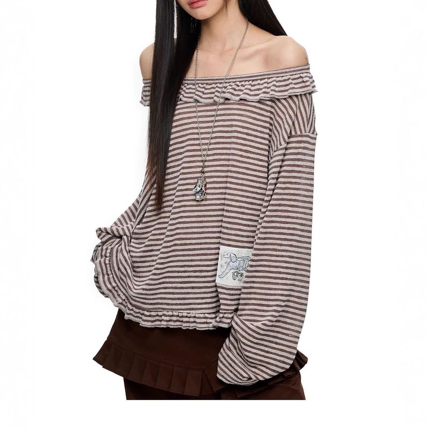 Long-Sleeve Off-Shoulder Striped Applique Ruffle Trim Tee
