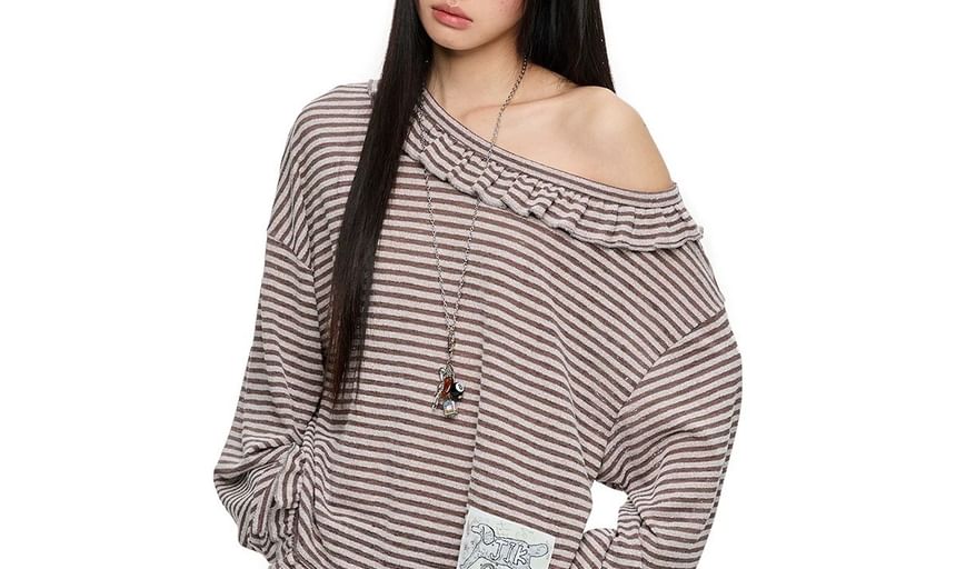 Long-Sleeve Off-Shoulder Striped Applique Ruffle Trim Tee