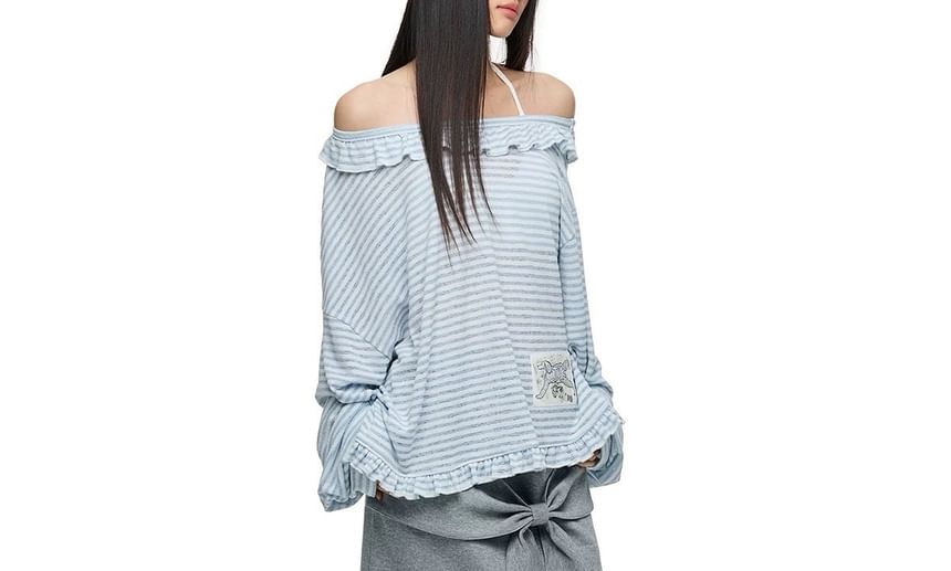 Long-Sleeve Off-Shoulder Striped Applique Ruffle Trim Tee