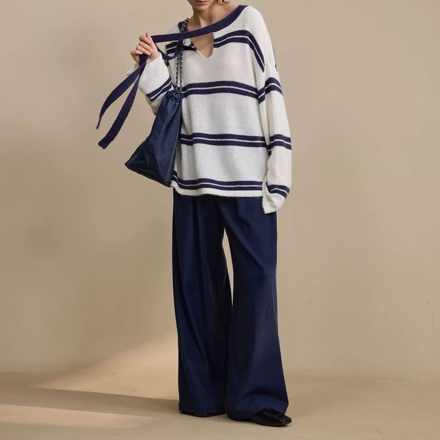 Long-Sleeve Tie-Neck Striped Knit Top