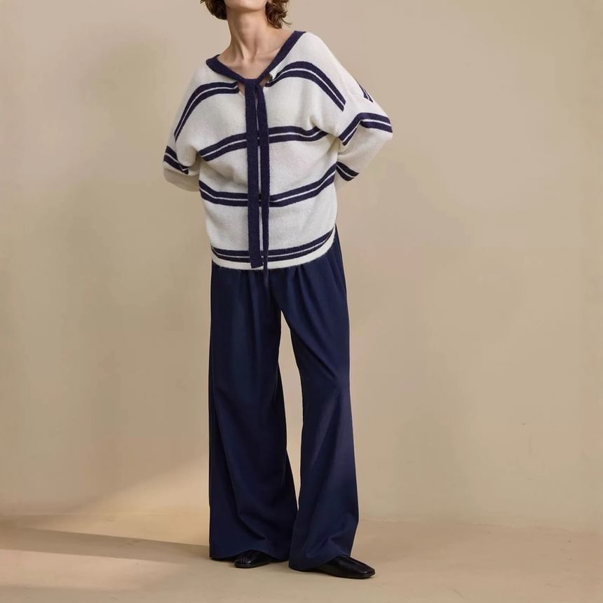 Long-Sleeve Tie-Neck Striped Knit Top