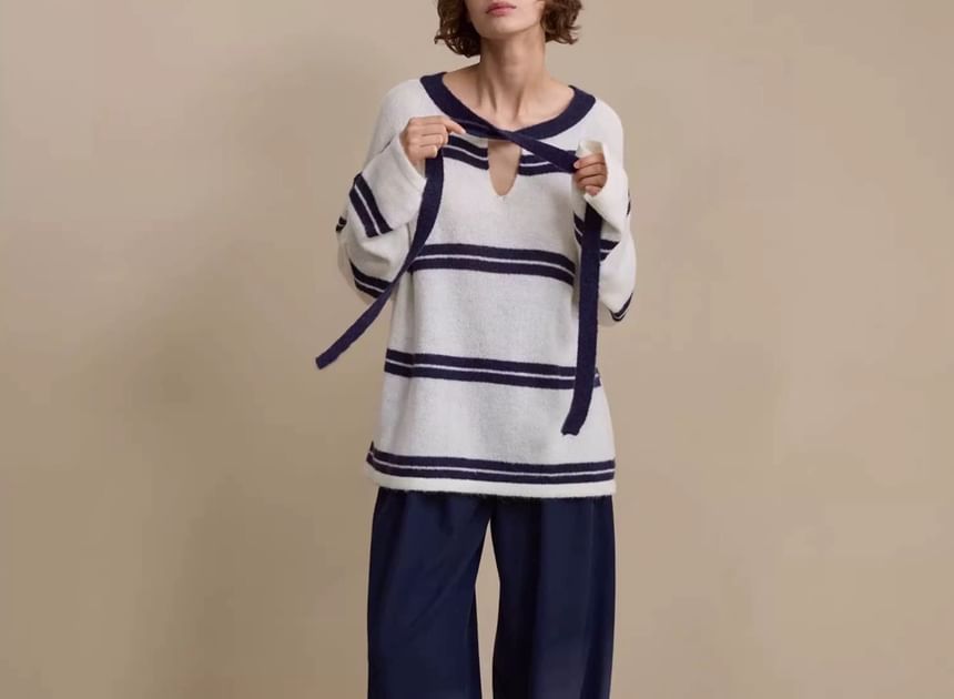 Long-Sleeve Tie-Neck Striped Knit Top