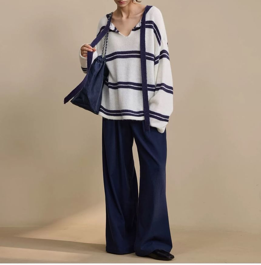 Long-Sleeve Tie-Neck Striped Knit Top