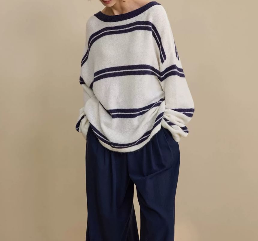 Long-Sleeve Tie-Neck Striped Knit Top