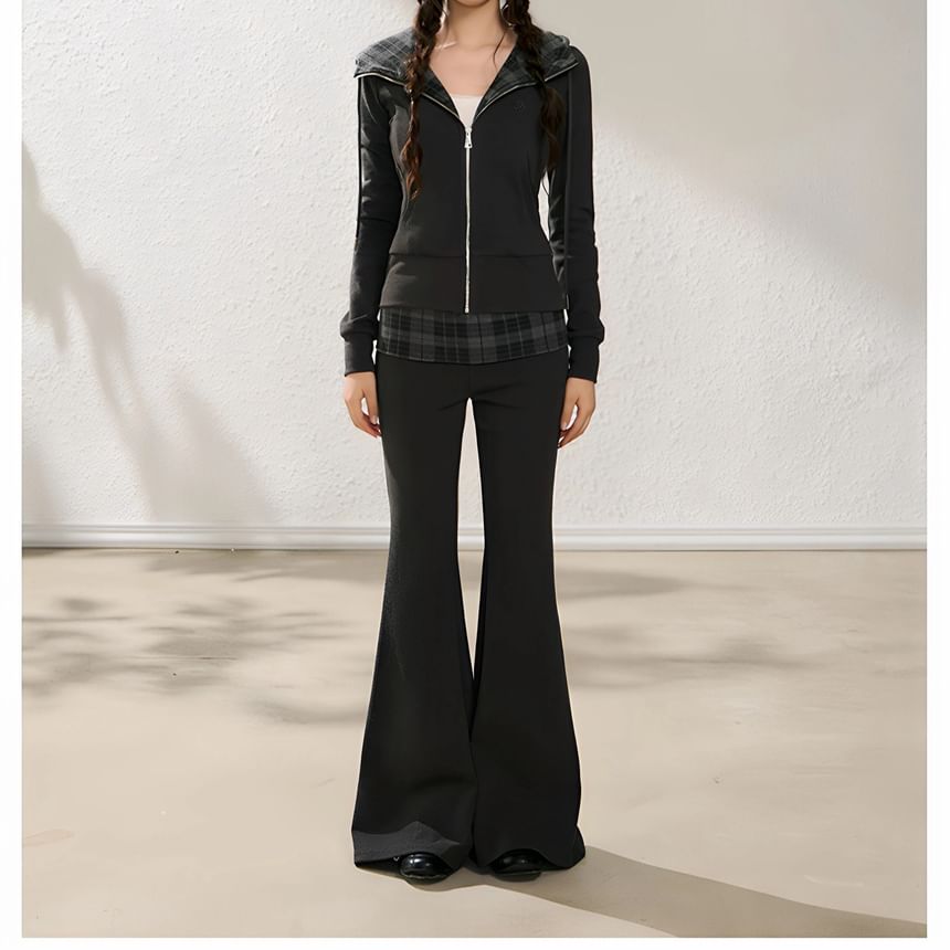 Plaid Panel Zip-Up Slim Fit Hoodie / High Waist Flared Pants