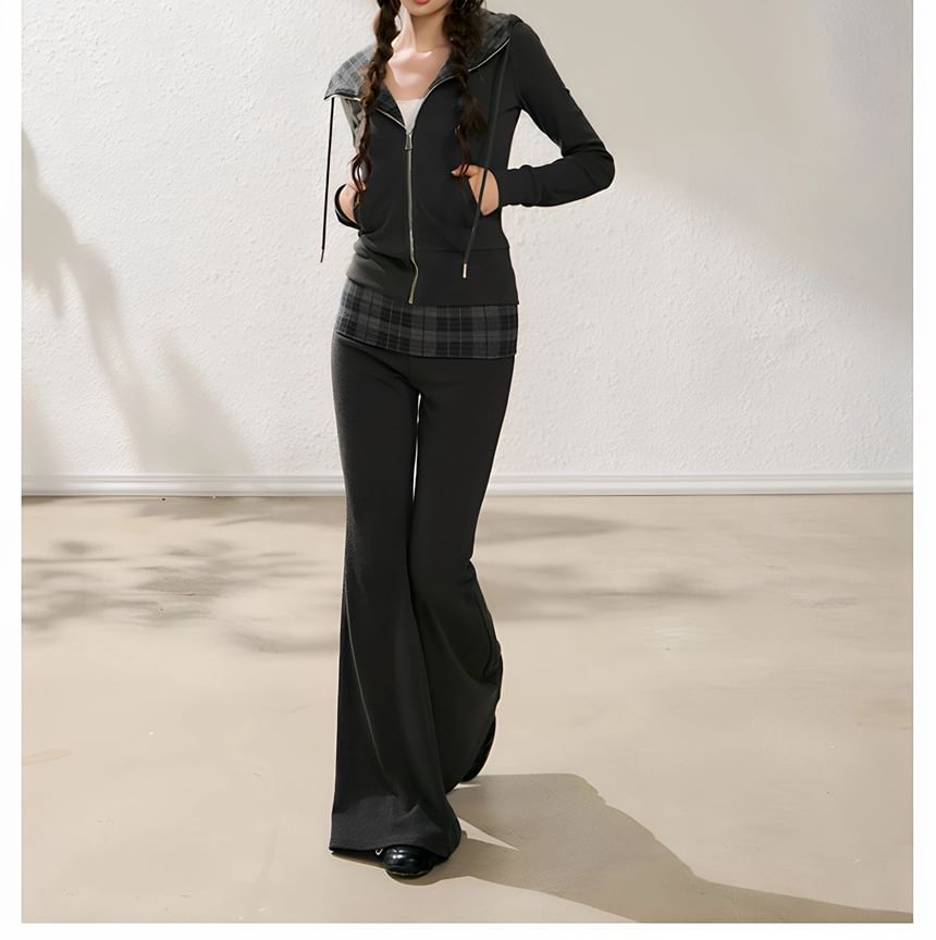 Plaid Zip-Up Fitted Hoodie + Flared High-Rise Pants