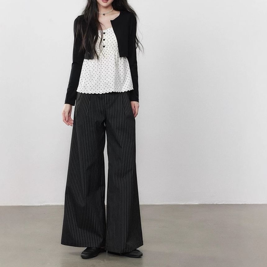 Dotted Lace-Trim Mock-Layer Sleeved Top + Striped Wide-Leg Pants