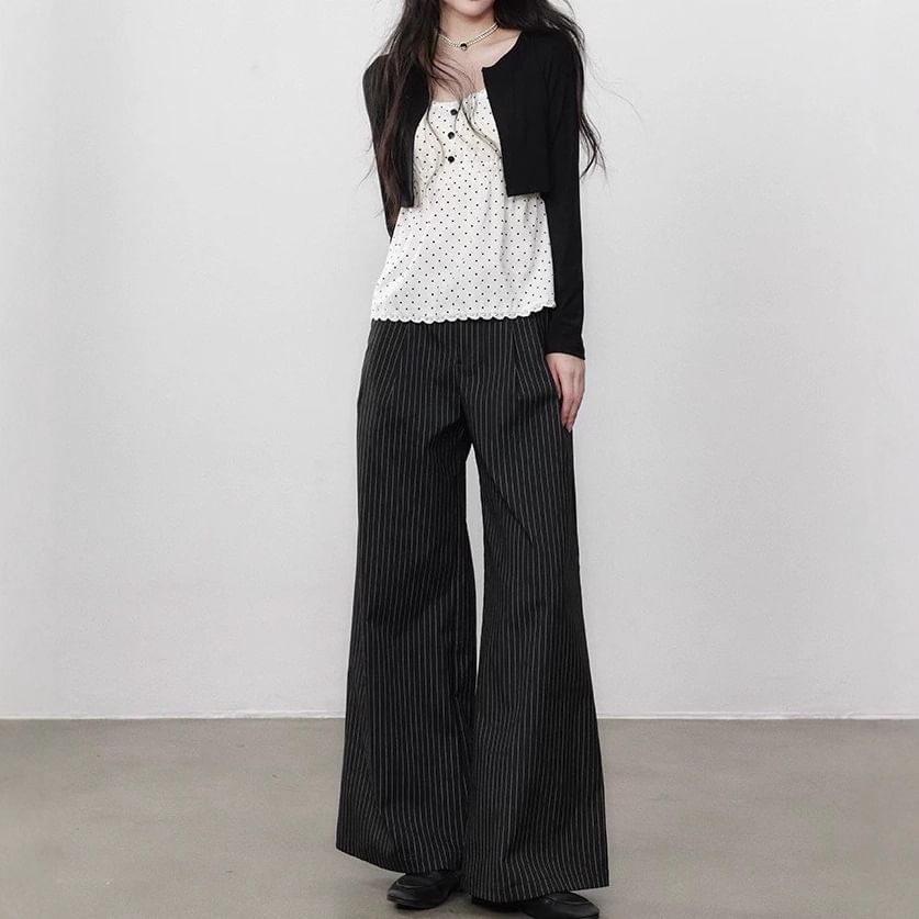 Mock Two-Piece Long-Sleeve Dotted Lace Trim Slim Fit Top / High Waist Striped Wide Leg Pants