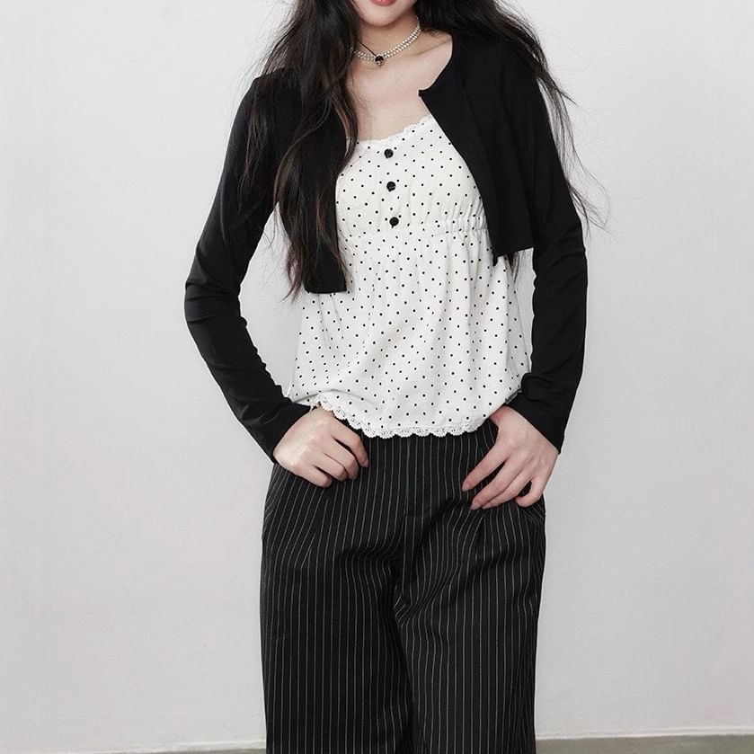 Dotted Lace-Trim Mock-Layer Sleeved Top + Striped Wide-Leg Pants