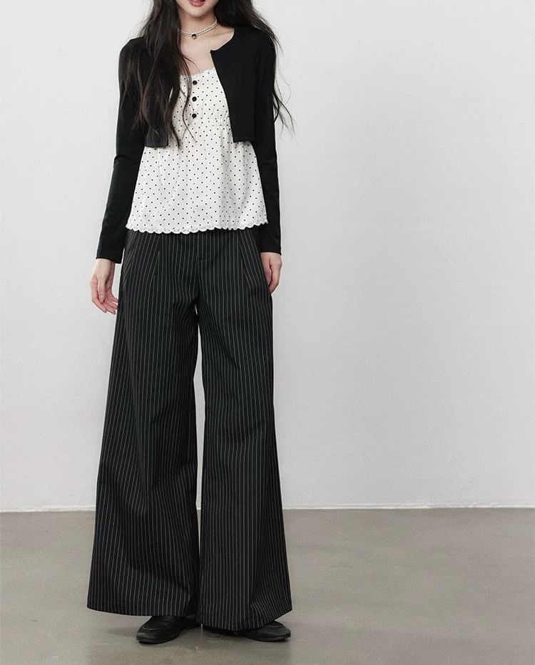 Dotted Lace-Trim Mock-Layer Sleeved Top + Striped Wide-Leg Pants