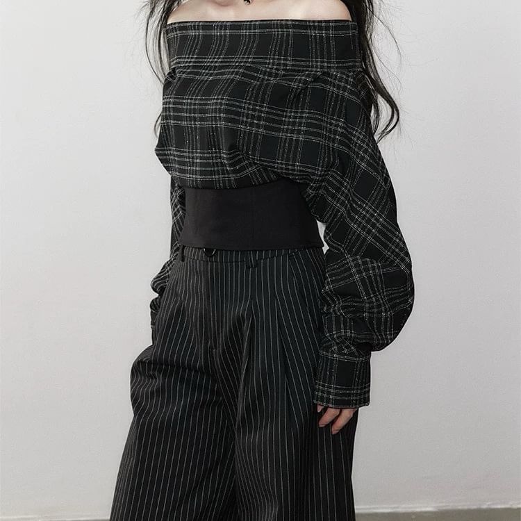 Plaid Off-Shoulder Sleeved Crop Top + Striped Wide-Leg Pants