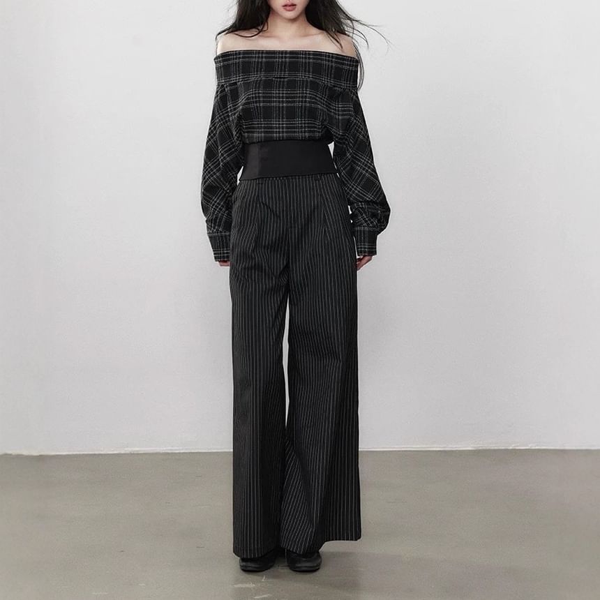 Plaid Off-Shoulder Sleeved Crop Top + Striped Wide-Leg Pants