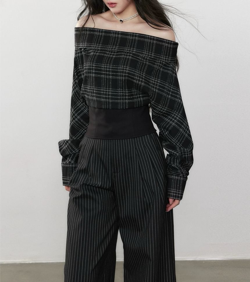 Long-Sleeve Off-Shoulder Plaid Crop Top / High Waist Striped Wide Leg Pants