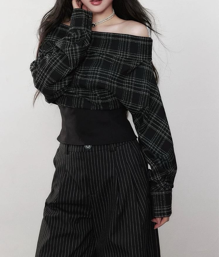 Plaid Off-Shoulder Sleeved Crop Top + Striped Wide-Leg Pants