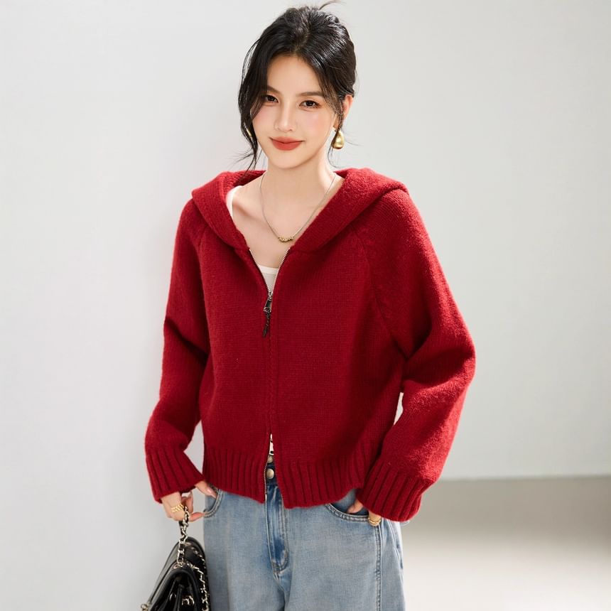 Plain Zip-Up Crop Knit Hoodie