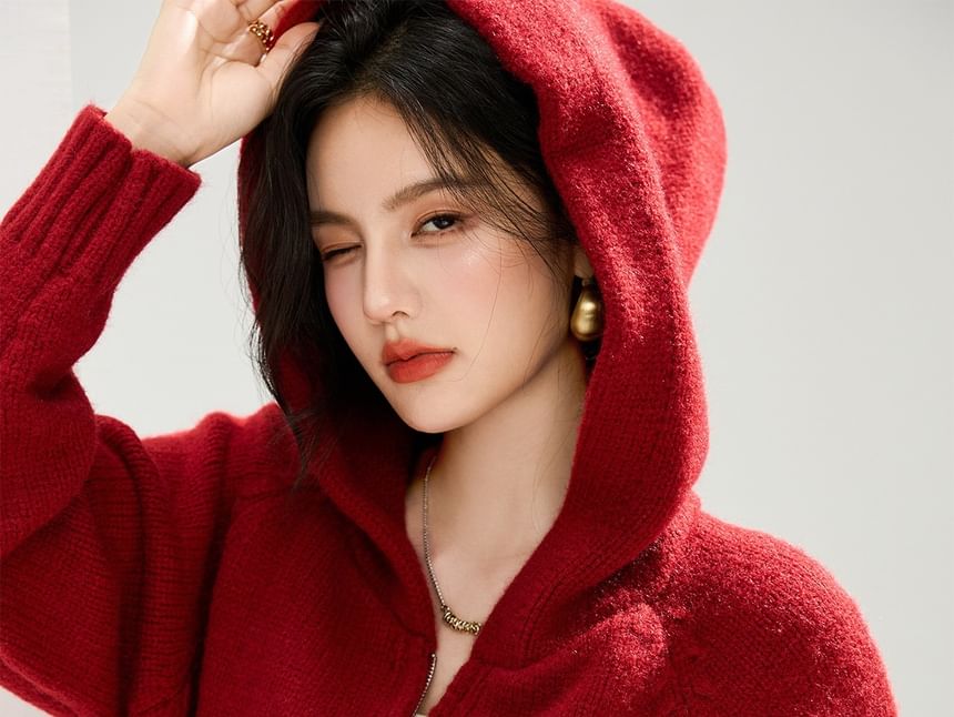 Plain Zip-Up Crop Knit Hoodie