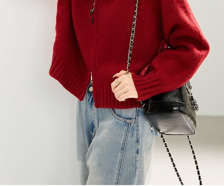 Plain Zip-Up Crop Knit Hoodie