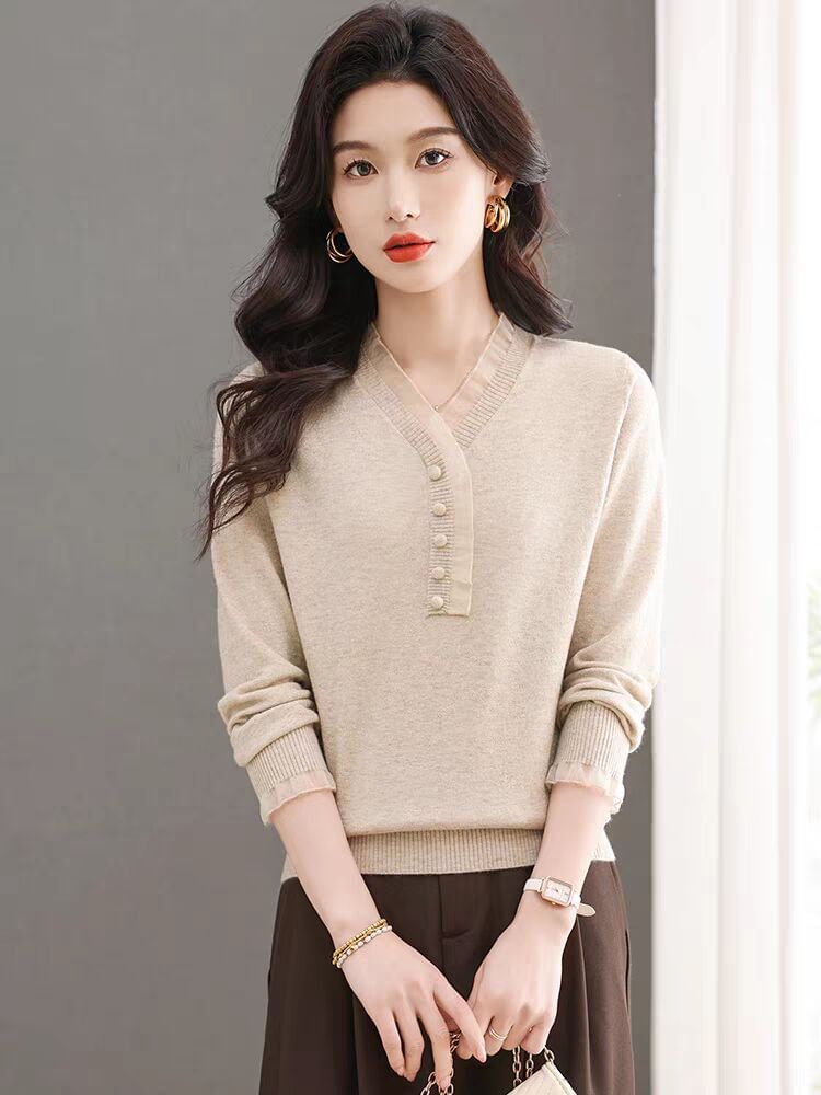 Long-Sleeve Henley Knit Top with Lace Trim