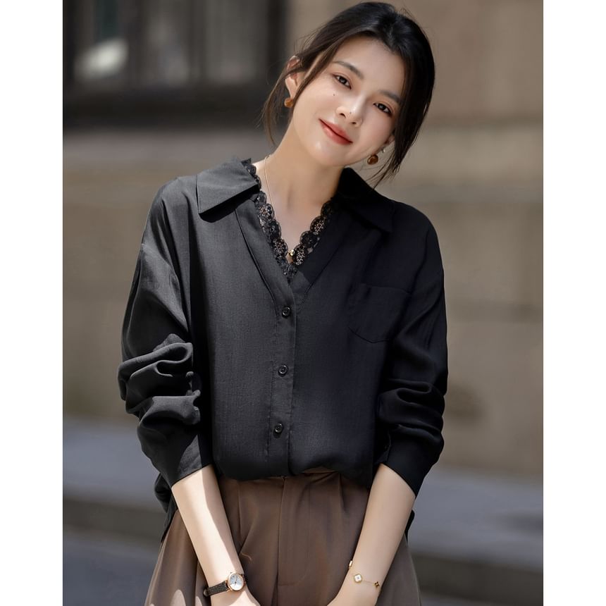 V-Neck Long-Sleeve Shirt with Lace Trim and Pocket