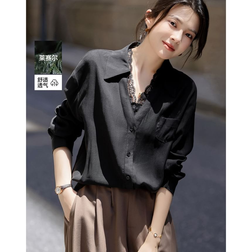 V-Neck Long-Sleeve Shirt with Lace Trim and Pocket