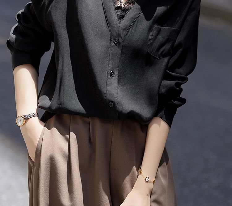 V-Neck Long-Sleeve Shirt with Lace Trim and Pocket
