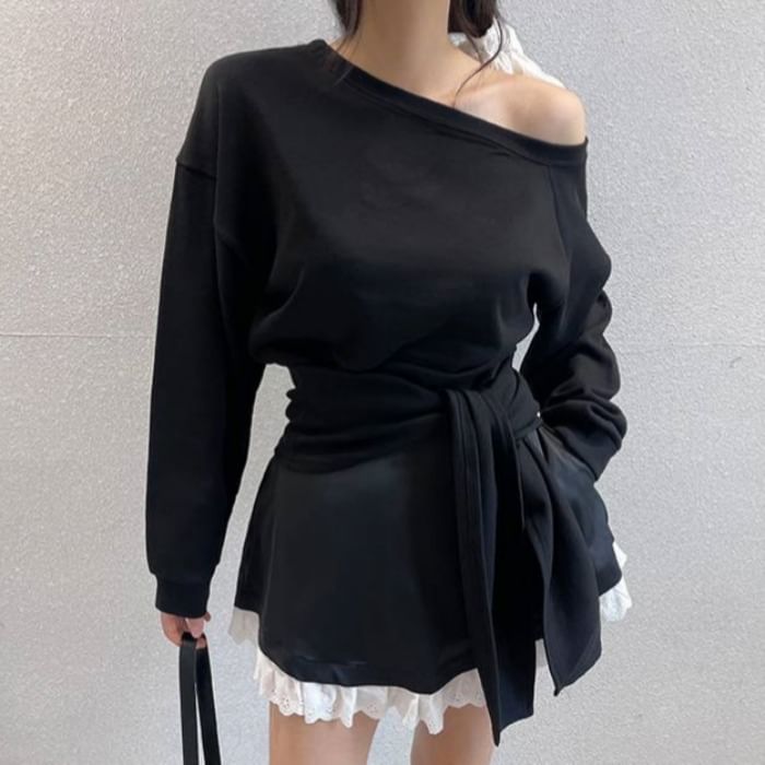 Boat Neck Knot Pullover & High Waist Lace Trim Mini Skirt