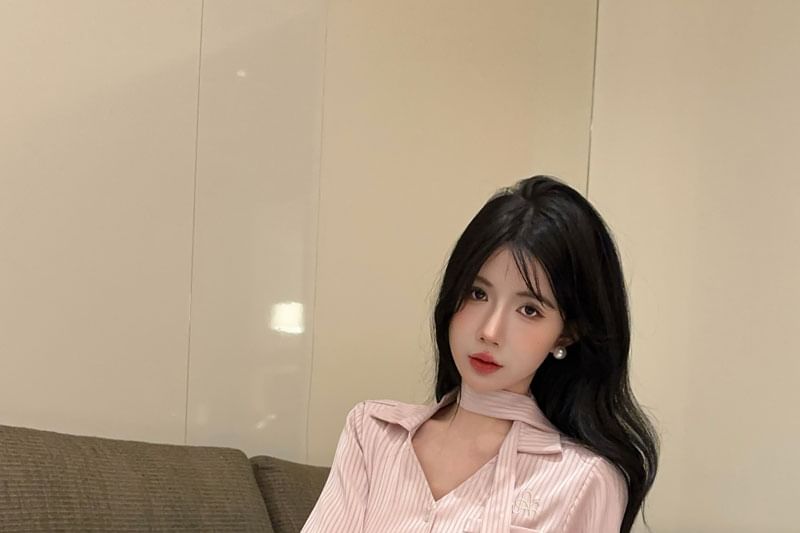Pinstriped V-Neck Button-Up Sleeved Shirt + Pleated Mini Skirt