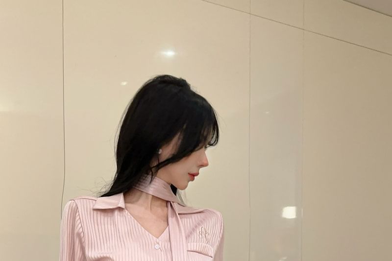 Pinstriped V-Neck Button-Up Sleeved Shirt + Pleated Mini Skirt