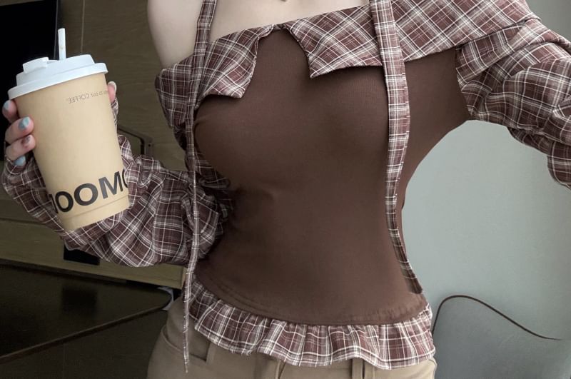Off-Shoulder Plaid-Panel Long-Sleeved Cropped Top