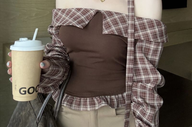 Off-Shoulder Plaid-Panel Long-Sleeved Cropped Top