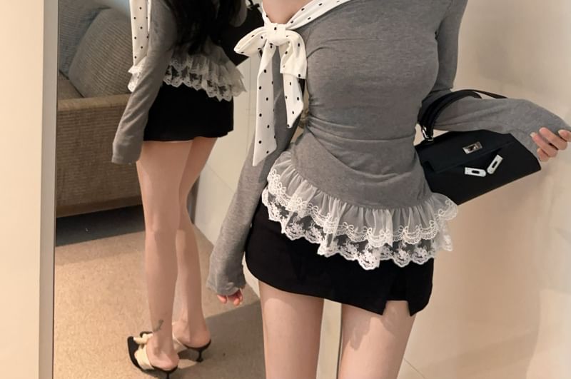 Off-Shoulder Asymmetric Lace-Trim Long-Sleeved Tee