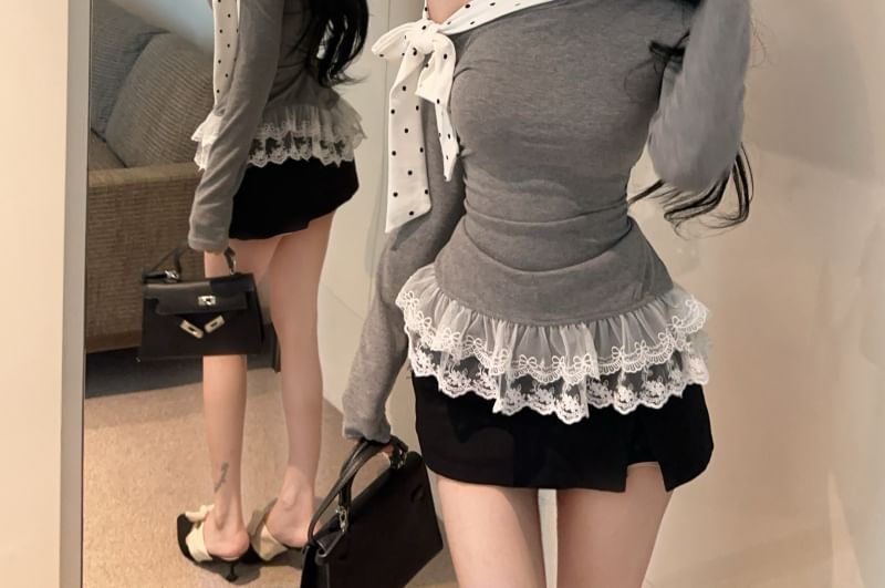 Off-Shoulder Asymmetric Lace-Trim Long-Sleeved Tee