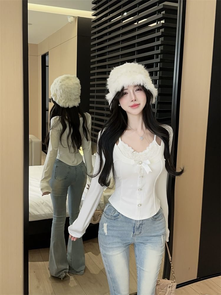 Plain Scoop-Neck Mock-Layer Sleeved Top