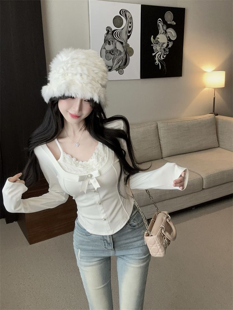 Plain Scoop-Neck Mock-Layer Sleeved Top