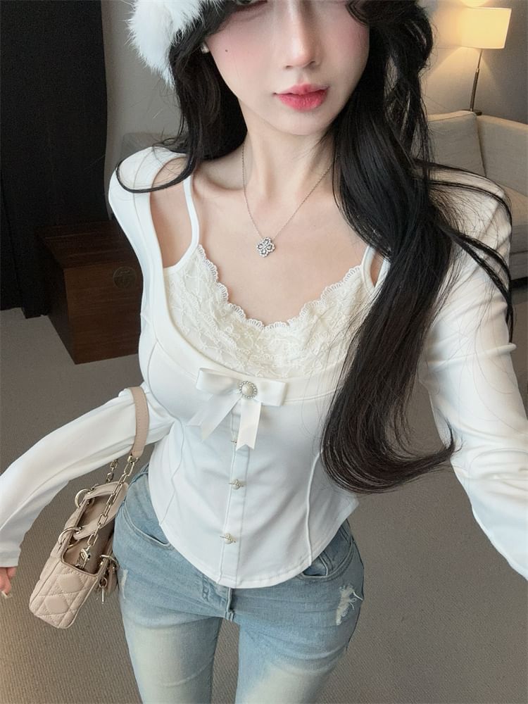 Plain Scoop-Neck Mock-Layer Sleeved Top