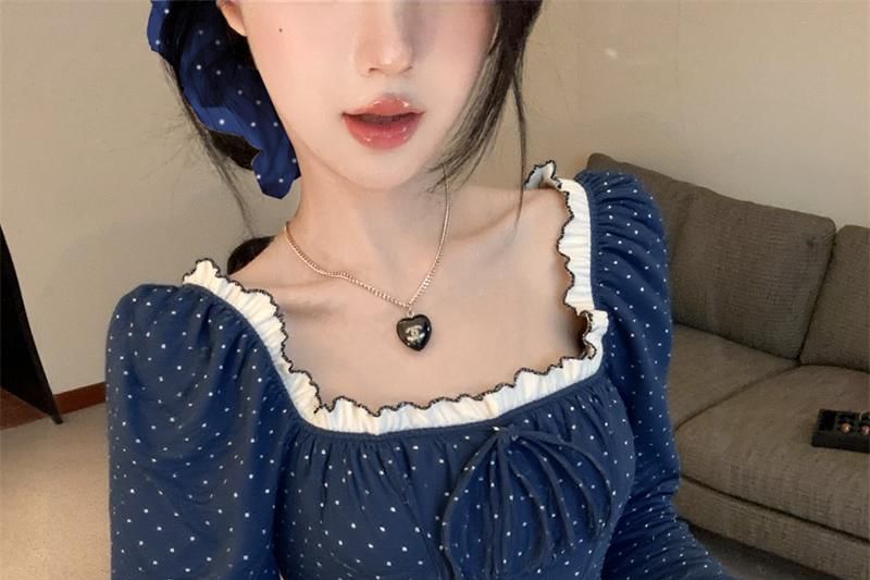 Dotted Ruffle-Trim Off-Shoulder Sleeved Blouse + Scrunchie Set