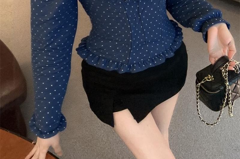 Dotted Ruffle-Trim Off-Shoulder Sleeved Blouse + Scrunchie Set