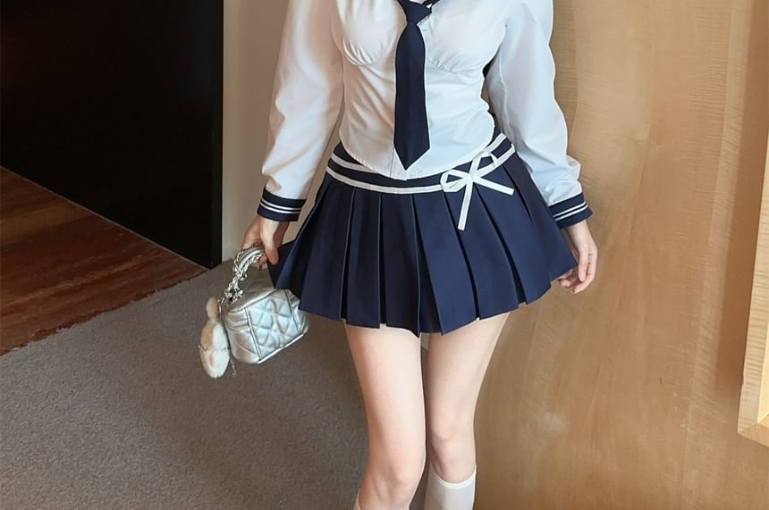 Sailor-Collar Two-Tone Neck-Tie Long-Sleeved Blouse & High-Rise Mini Pleated Skirt
