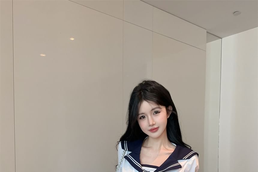 Sailor-Collar Two-Tone Neck-Tie Long-Sleeved Blouse & High-Rise Mini Pleated Skirt