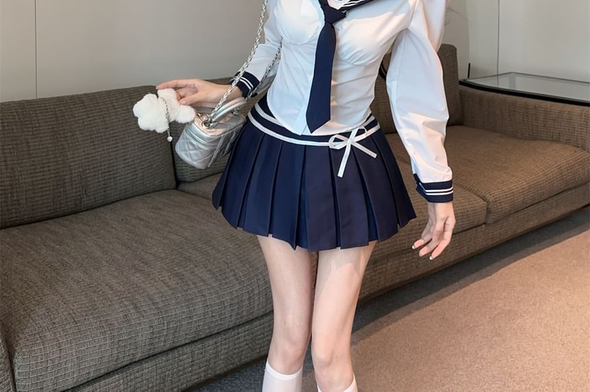 Sailor-Collar Two-Tone Neck-Tie Long-Sleeved Blouse & High-Rise Mini Pleated Skirt