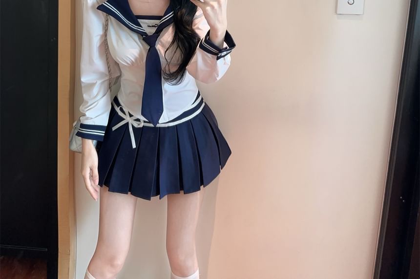 Sailor-Collar Two-Tone Neck-Tie Long-Sleeved Blouse & High-Rise Mini Pleated Skirt