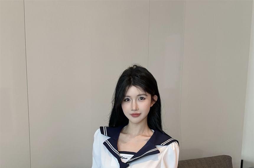 Sailor-Collar Two-Tone Neck-Tie Long-Sleeved Blouse & High-Rise Mini Pleated Skirt
