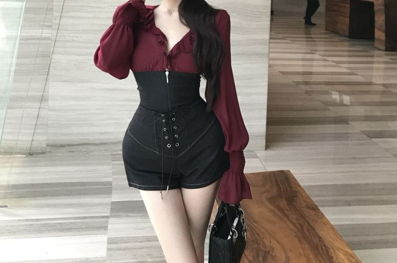 Two-Tone Ruffle-Trim V-Neck Sleeved Blouse + Lace-Up Shorts