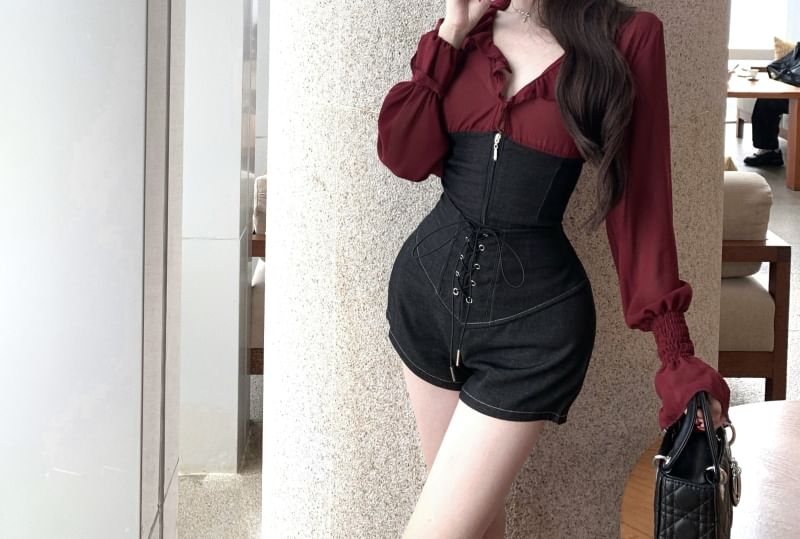 Two-Tone Ruffle-Trim V-Neck Sleeved Blouse + Lace-Up Shorts